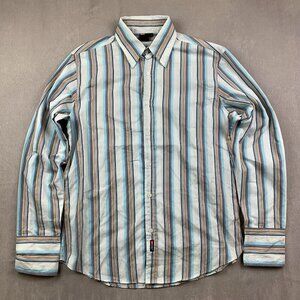 Diesel Mens Shirt Large White Blue Vertical Striped Button Up Long Sleeve